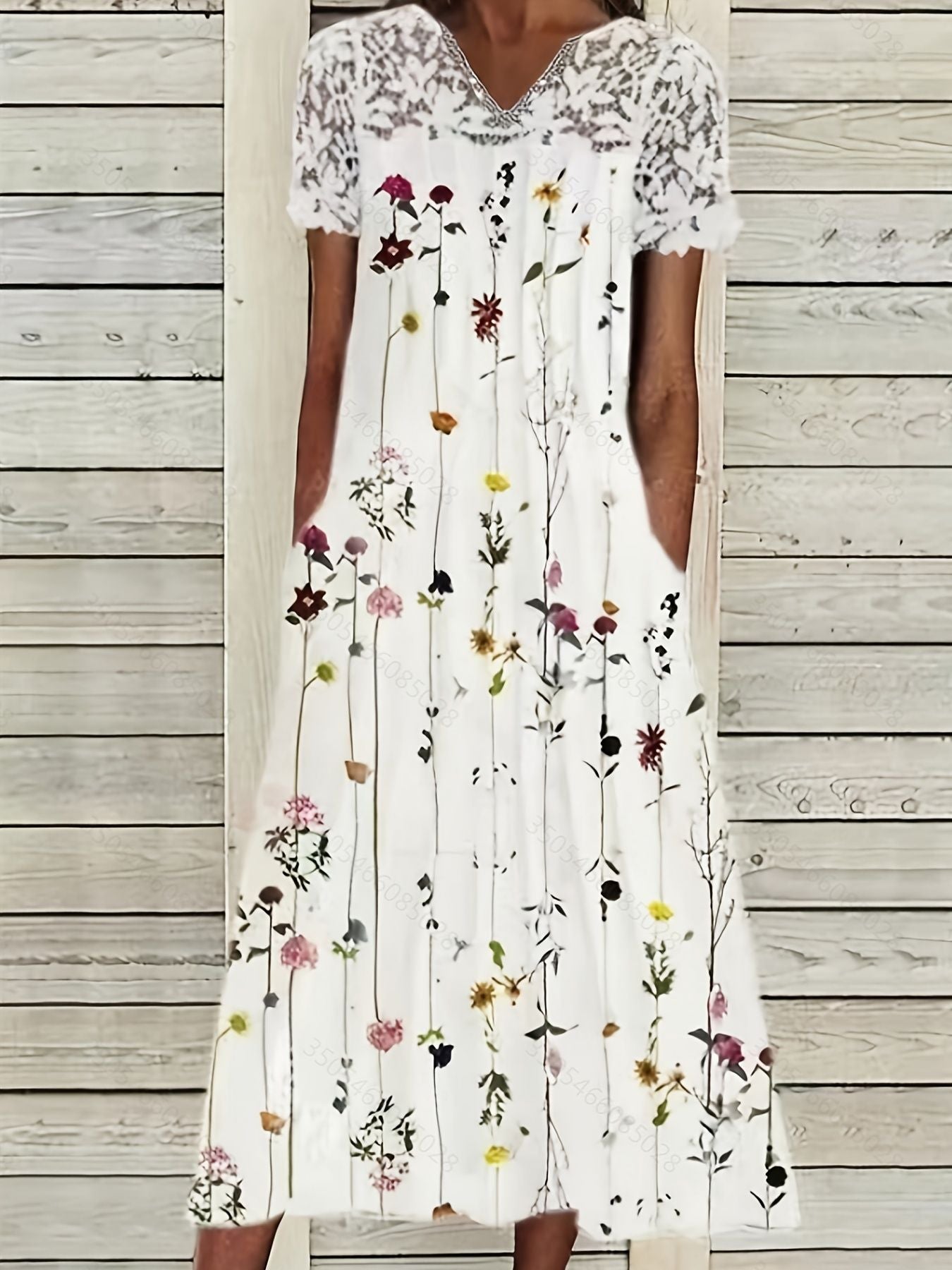 Lace Sleeve Floral Print Dress; Elegant V Neck Summer Midi Dress; Women's Clothing