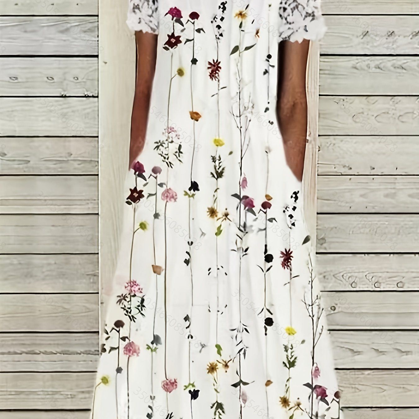 Lace Sleeve Floral Print Dress; Elegant V Neck Summer Midi Dress; Women's Clothing