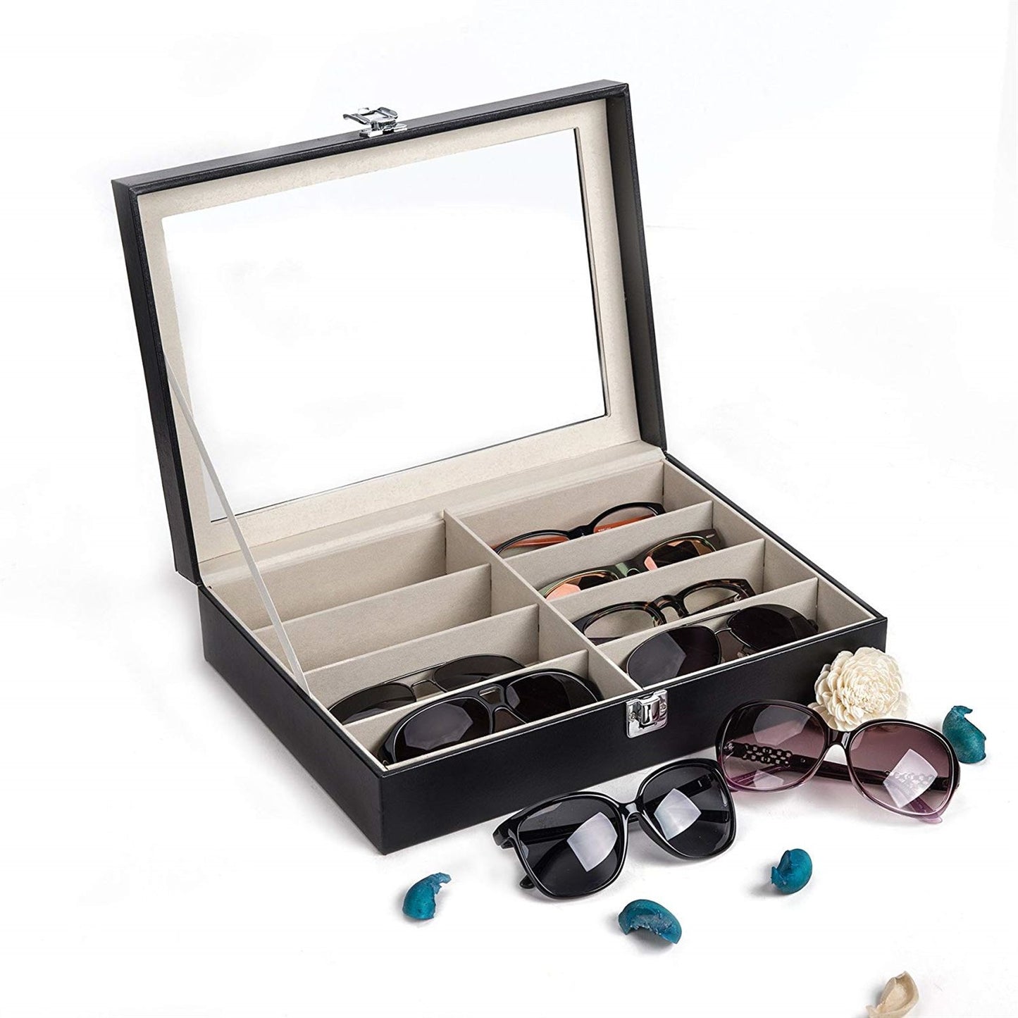Leather Multi Sunglasses Organizer for Women Men Eyeglasses Eyewear Display Case Sunglass Glasses Storage Holder Box Sunglasses Collection Case with 8 Slots Black