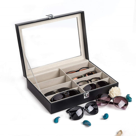 Leather Multi Sunglasses Organizer for Women Men Eyeglasses Eyewear Display Case Sunglass Glasses Storage Holder Box Sunglasses Collection Case with 8 Slots Black