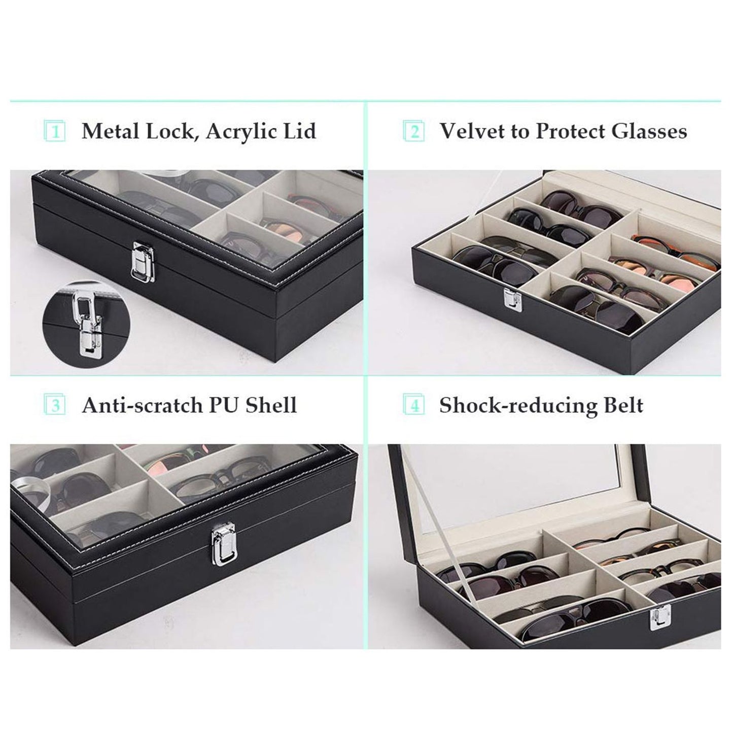Leather Multi Sunglasses Organizer for Women Men Eyeglasses Eyewear Display Case Sunglass Glasses Storage Holder Box Sunglasses Collection Case with 8 Slots Black