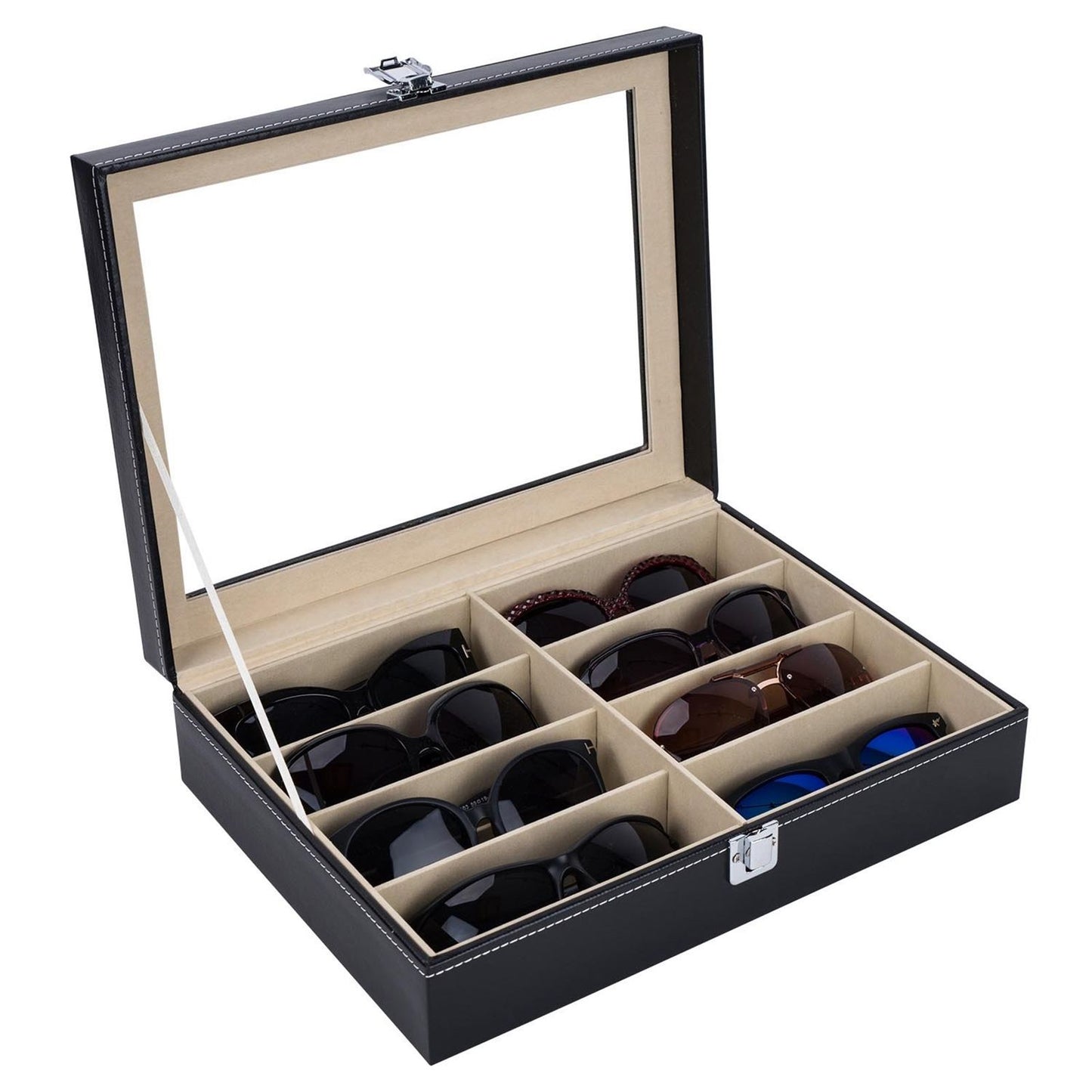Leather Multi Sunglasses Organizer for Women Men Eyeglasses Eyewear Display Case Sunglass Glasses Storage Holder Box Sunglasses Collection Case with 8 Slots Black