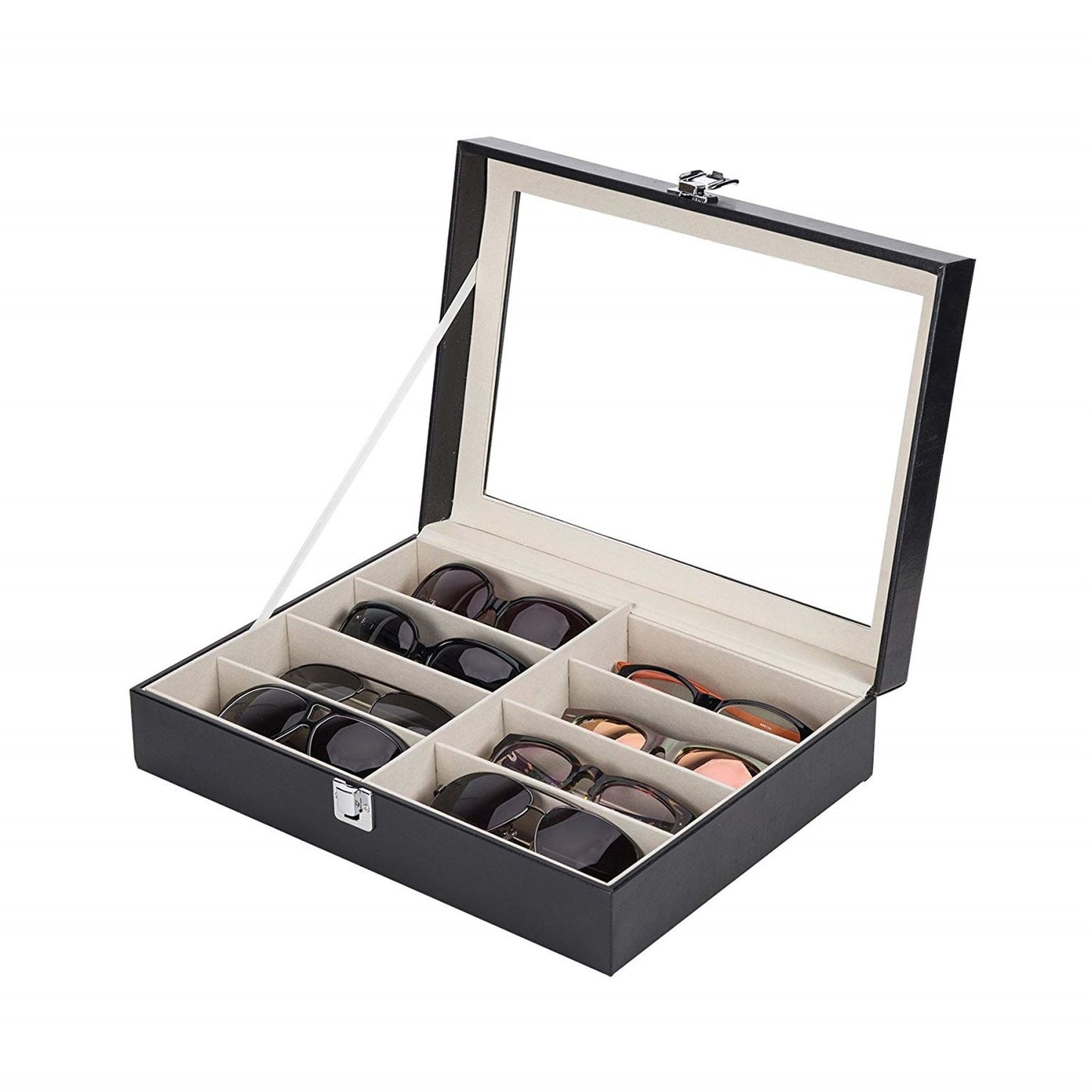 Leather Multi Sunglasses Organizer for Women Men Eyeglasses Eyewear Display Case Sunglass Glasses Storage Holder Box Sunglasses Collection Case with 8 Slots Black