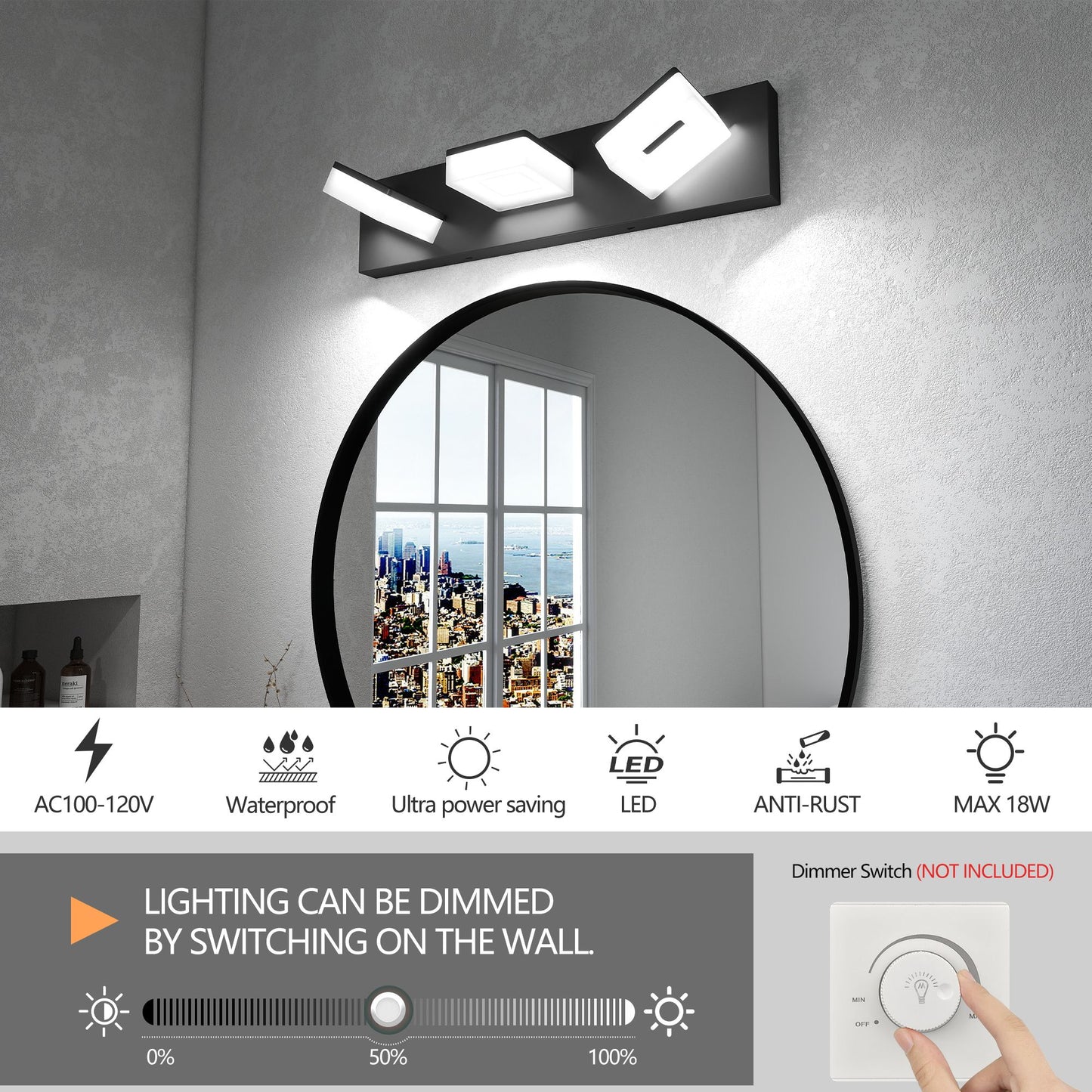 LED Modern Bathroom Vanity Light Fixtures (3-Light, 20-Inch), Matte Black Modern Acrylic Bathroom Wall Lighting Fixtures Over Mirror (Cool White 6000K)