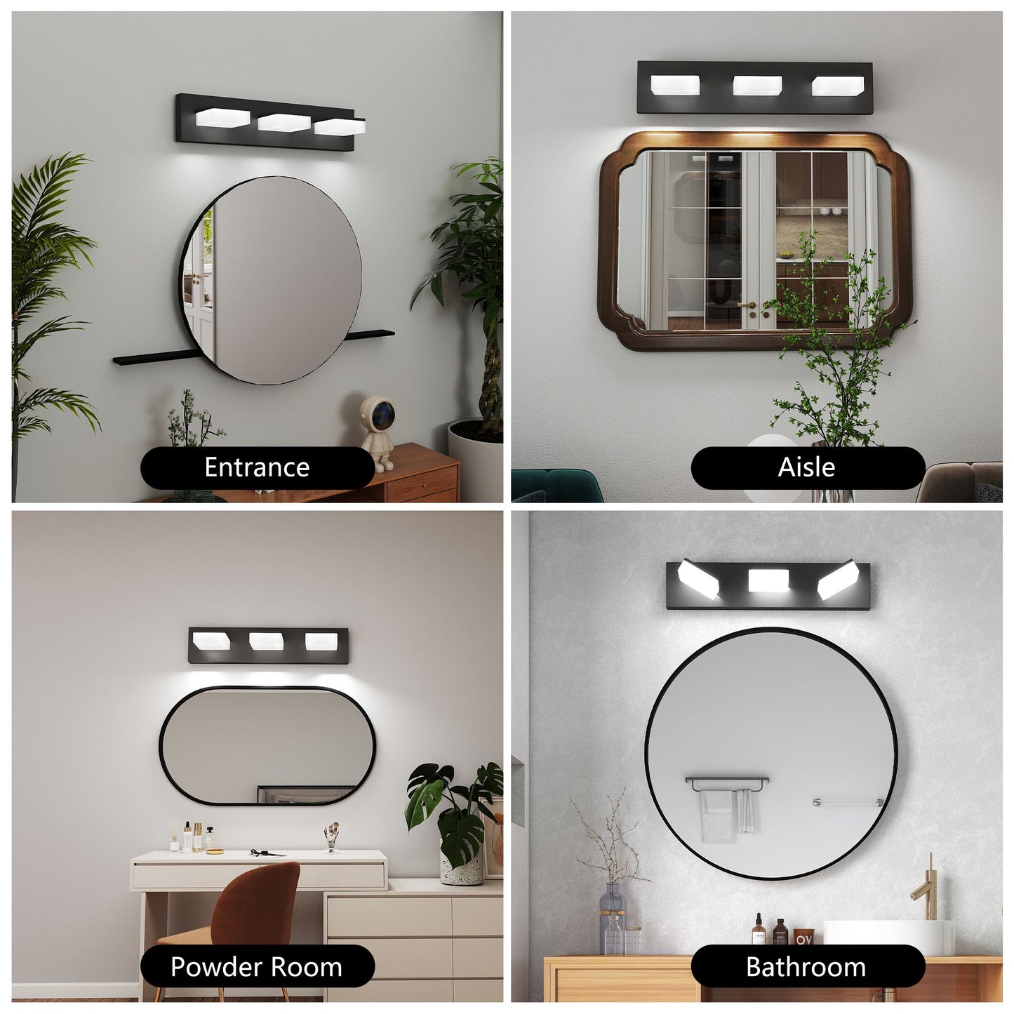 LED Modern Bathroom Vanity Light Fixtures (3-Light, 20-Inch), Matte Black Modern Acrylic Bathroom Wall Lighting Fixtures Over Mirror (Cool White 6000K)
