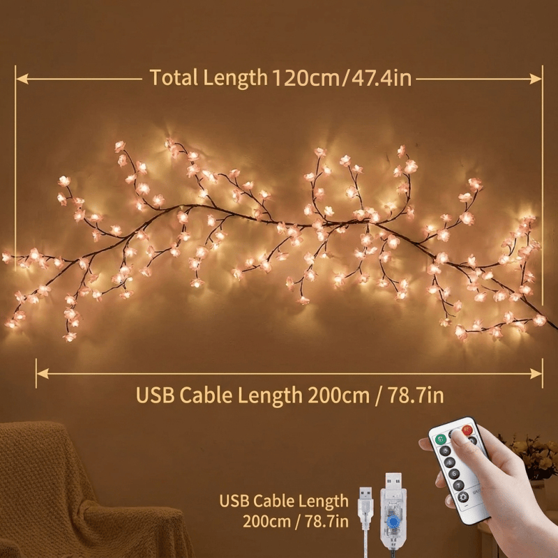 LED Tree Branch Lights for Wall, Cherry Blossom Lights Vine Lights with Remote and 8 Lighting Modes Cherry Blossom Garland Willow Vine for Bedroom Indoor Wall Christmas Decor