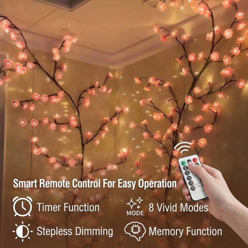 LED Tree Branch Lights for Wall, Cherry Blossom Lights Vine Lights with Remote and 8 Lighting Modes Cherry Blossom Garland Willow Vine for Bedroom Indoor Wall Christmas Decor
