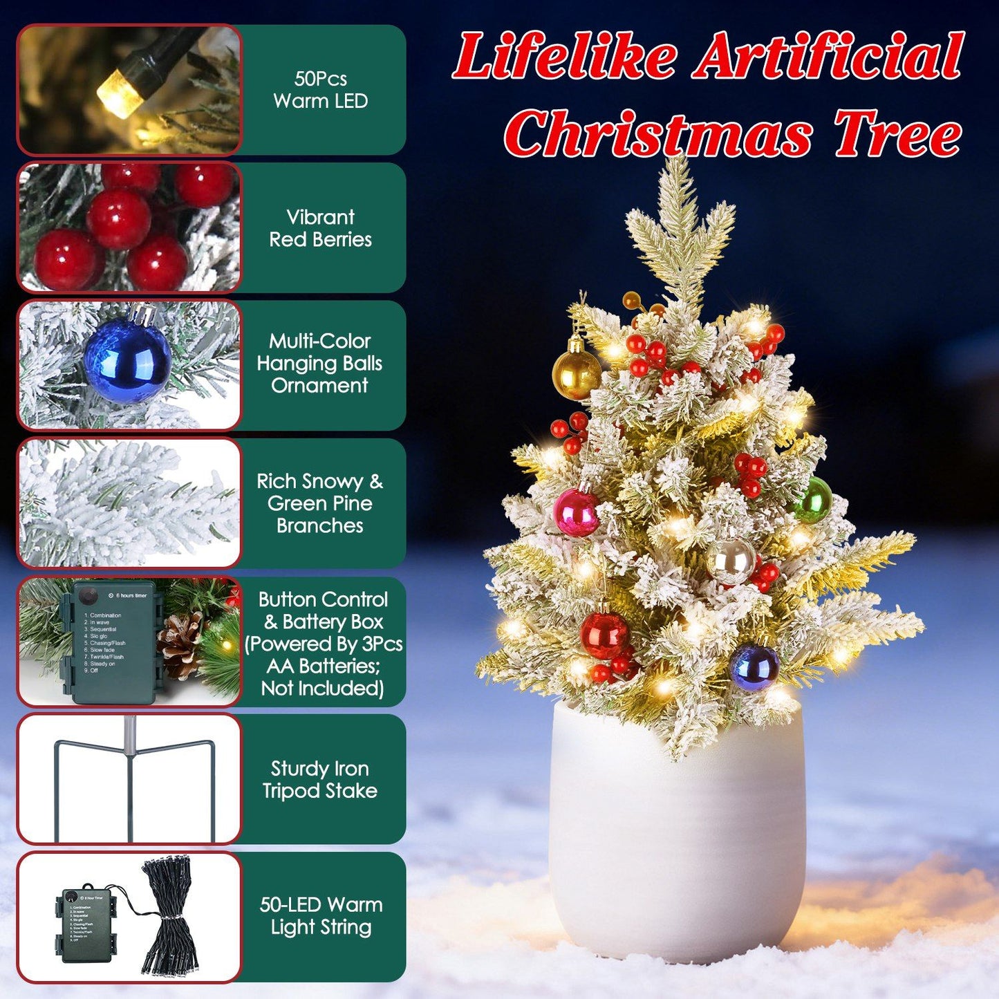 Lifelike Tabletop Artificial Christmas Tree - 50 Warm LED Lights with 8 Lighting Modes, Auto Timer, IP44 Waterproof & Battery Operated, Decorated with Red Berries/Decor Balls for Holiday Decor