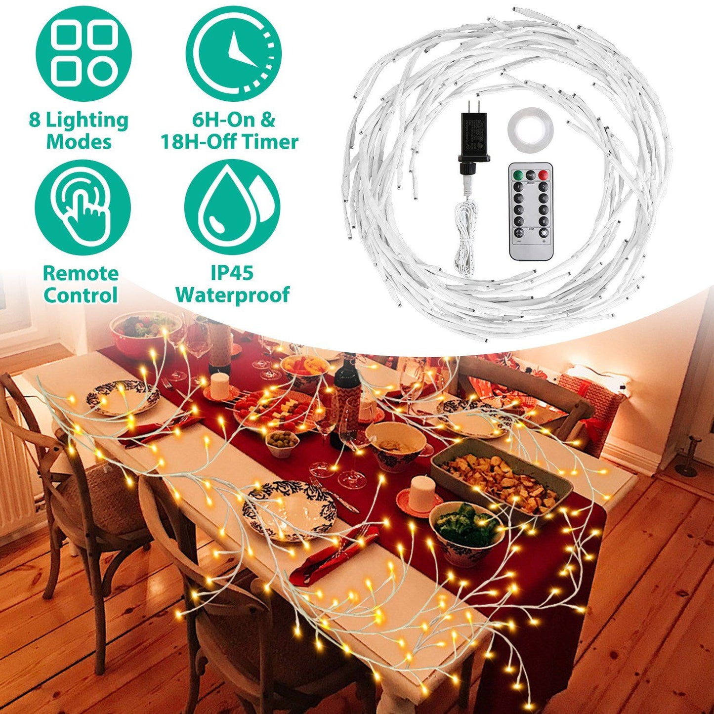 Lighted Birch Garland 7.87ft 144 LED, 8 Lighting Modes with Remote & 6H Timer, IP45 Waterproof Warm White Lights for Christmas Home Decor