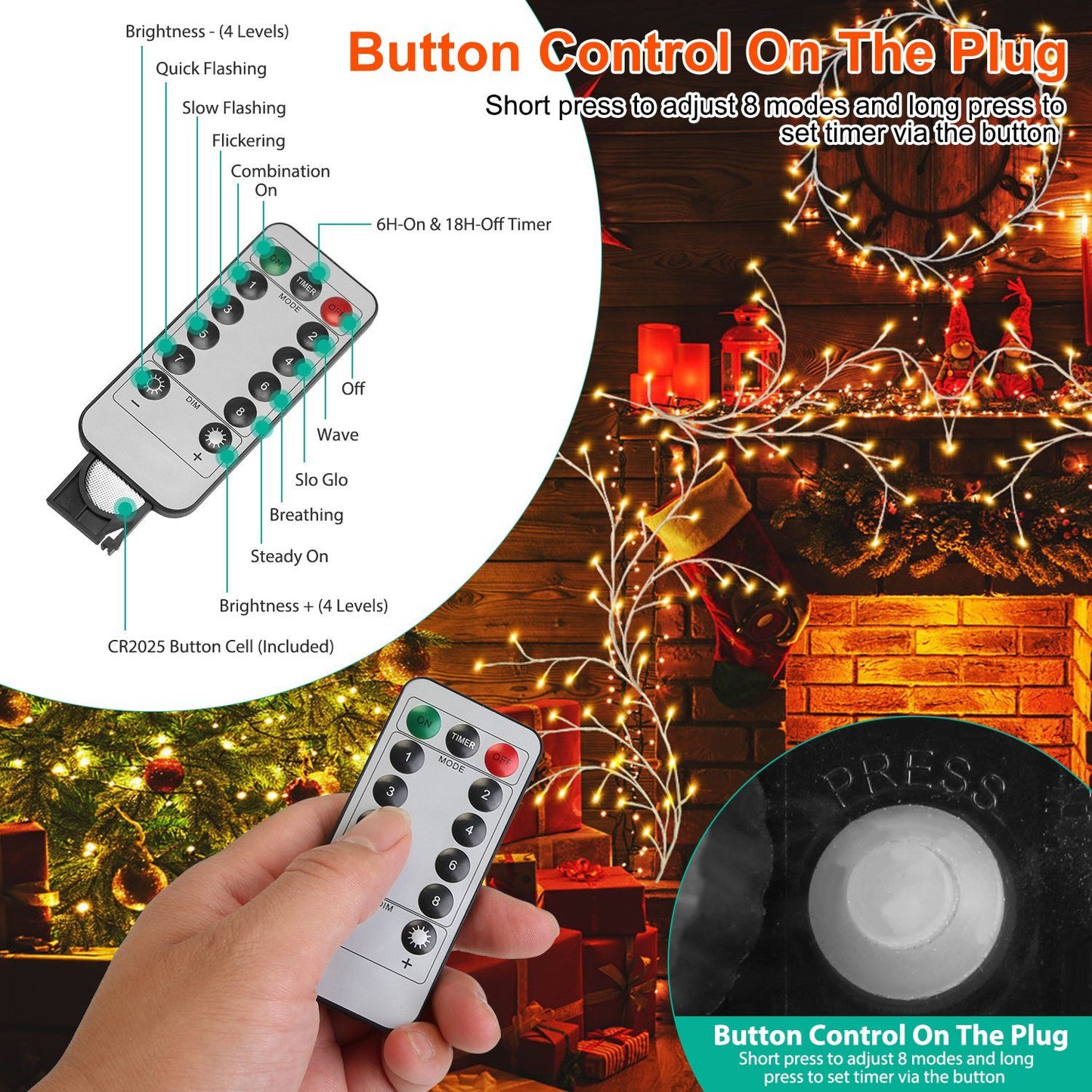 Lighted Birch Garland 7.87ft 144 LED, 8 Lighting Modes with Remote & 6H Timer, IP45 Waterproof Warm White Lights for Christmas Home Decor