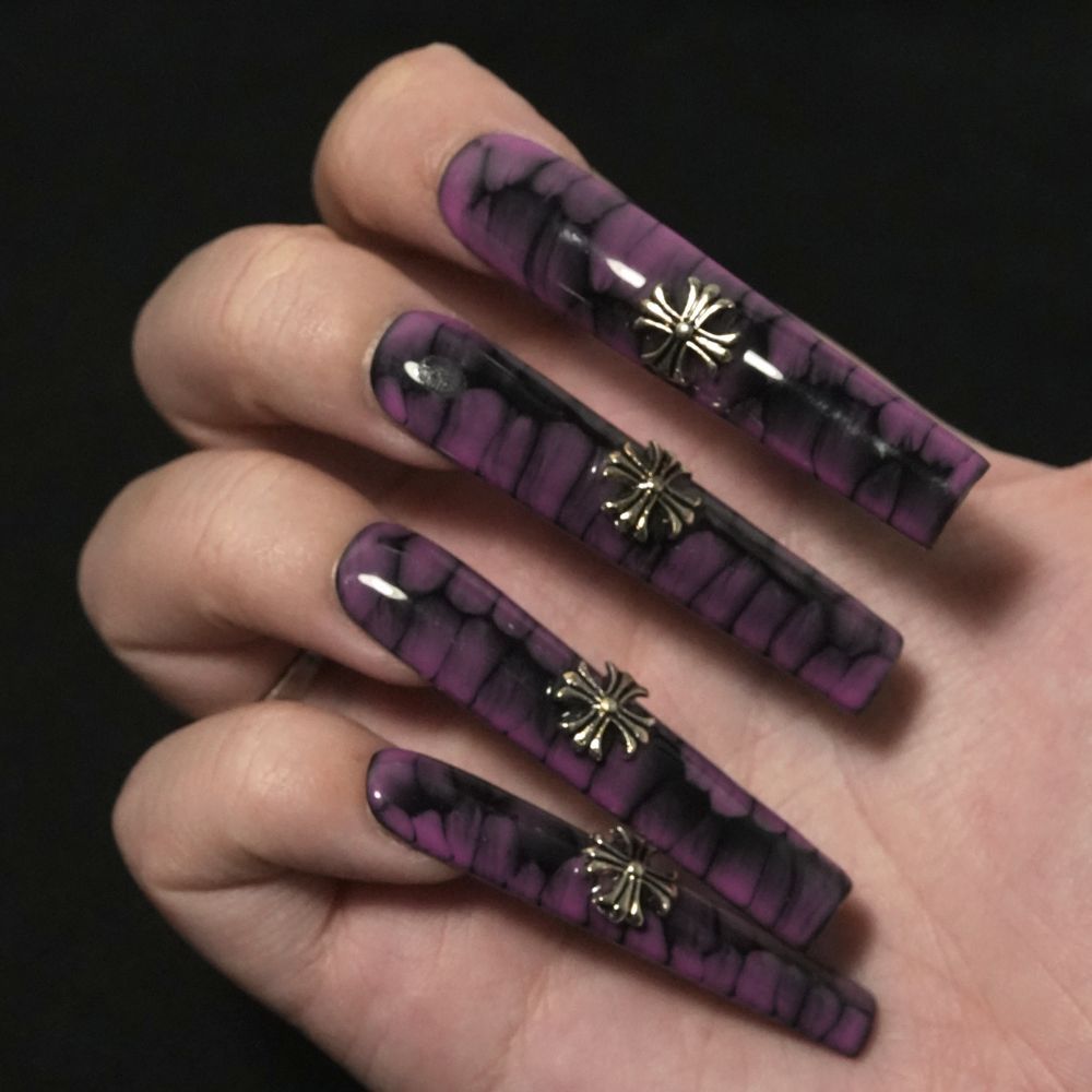 Love Scratch 10 PCs Purple Extra Long Glossy Handmade Press-on Nails
