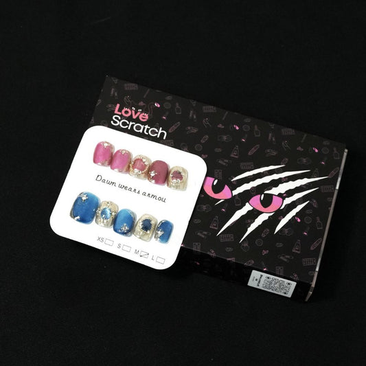 Love Scratch 10PCs Blue & Pink Short Shining Handmade Press-on Nails