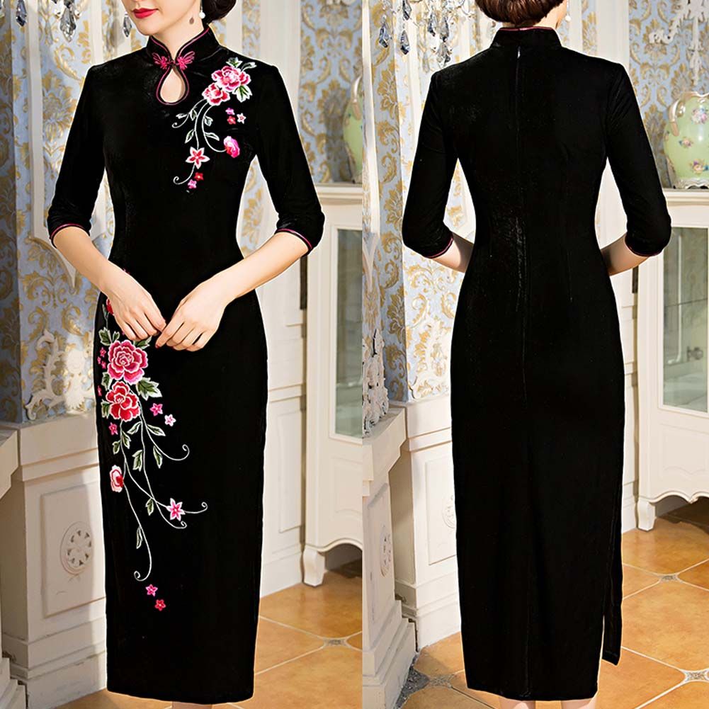 Mandarin Collar Chinese Traditional Dress Qipao Velvet Cocktail Dress Cheongsam