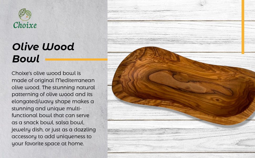 Mediterranean Olive Wood Multi-Purpose Bowl - Handcrafted Natural Wooden Serving Dish, Unique Long Wavy Decorative Tray for Snacks, Salsa, Charcuterie, Jewelry and Rustic Home Decor