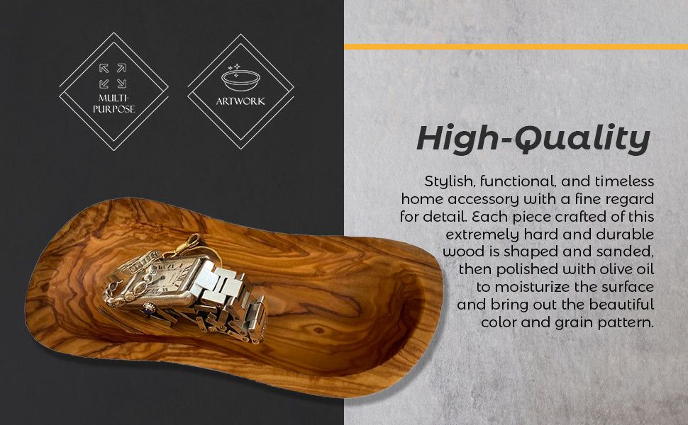 Mediterranean Olive Wood Multi-Purpose Bowl - Handcrafted Natural Wooden Serving Dish, Unique Long Wavy Decorative Tray for Snacks, Salsa, Charcuterie, Jewelry and Rustic Home Decor