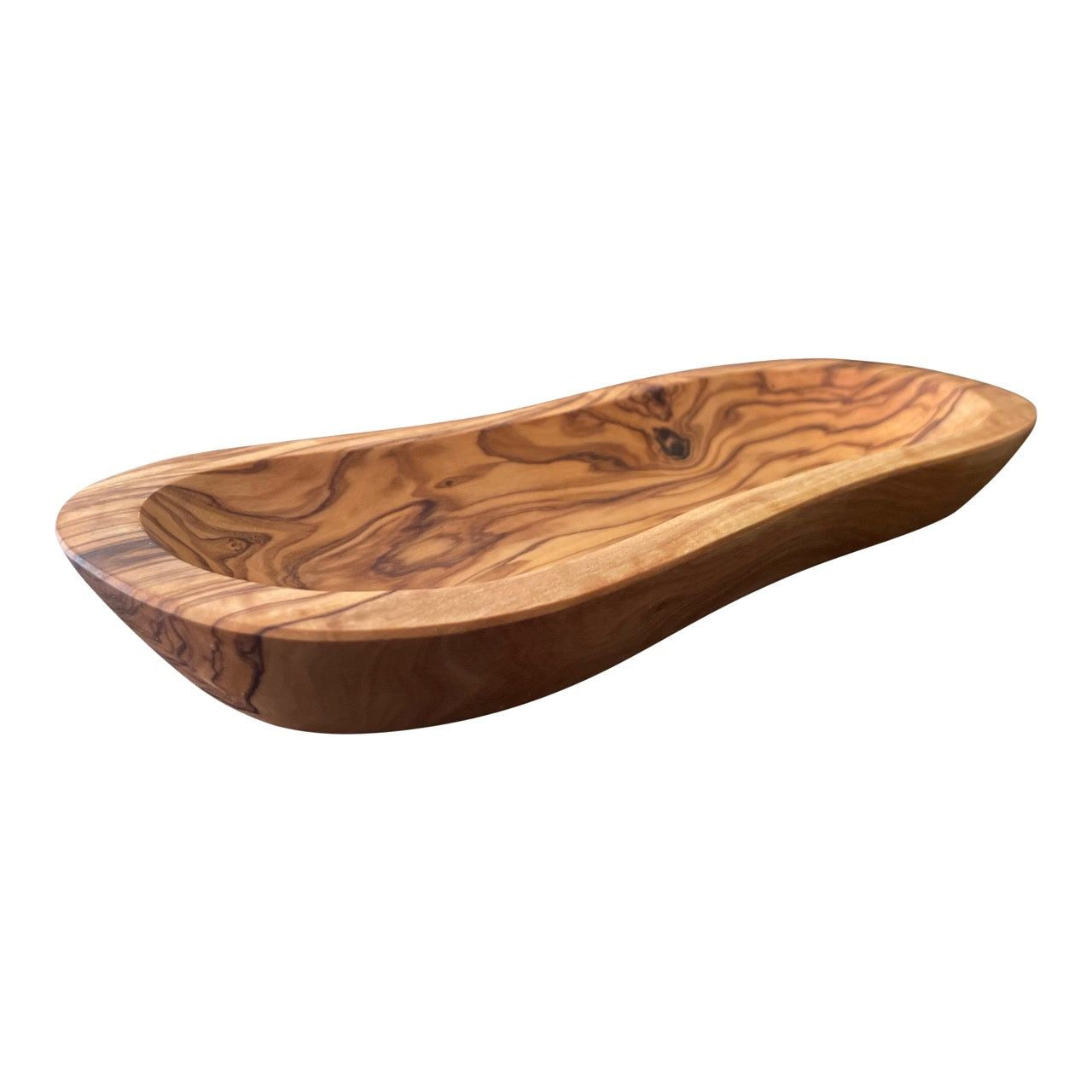 Mediterranean Olive Wood Multi-Purpose Bowl - Handcrafted Natural Wooden Serving Dish, Unique Long Wavy Decorative Tray for Snacks, Salsa, Charcuterie, Jewelry and Rustic Home Decor