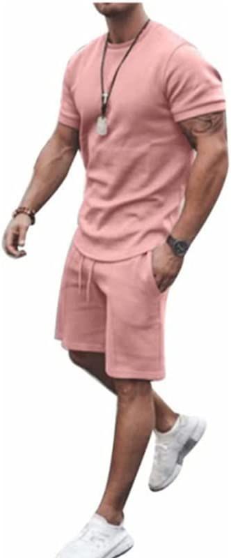 Men's 2 Piece Short Sets Outfits Round Collar Suit Solid Color Casual Track Suits