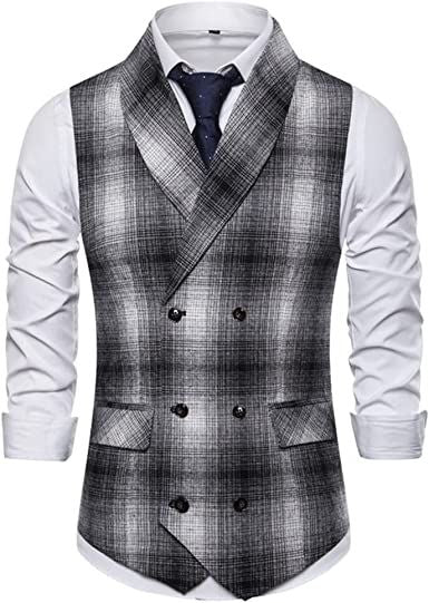 Men's Classic Plaid Casual Suit Vest Shawl Collar Double Breasted V Neck Waistcoat