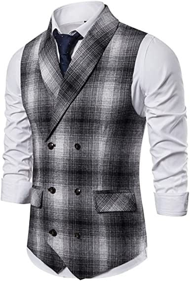Men's Classic Plaid Casual Suit Vest Shawl Collar Double Breasted V Neck Waistcoat