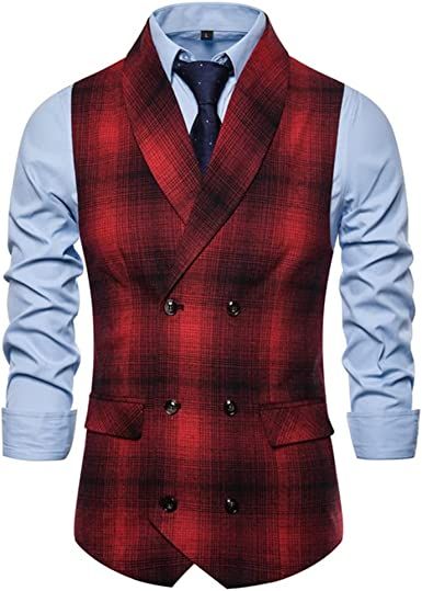 Men's Classic Plaid Casual Suit Vest Shawl Collar Double Breasted V Neck Waistcoat