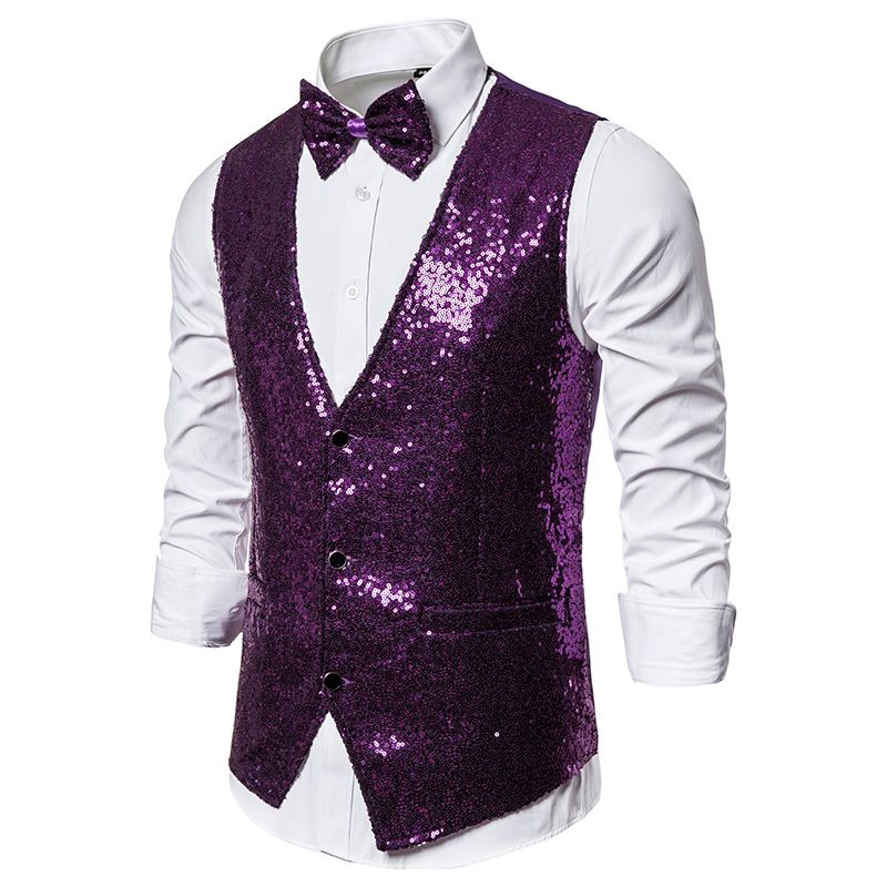 Men's Stage Costumes Small Sequin Suit Vests Purple Waistcoat for Party Disco Club Wedding