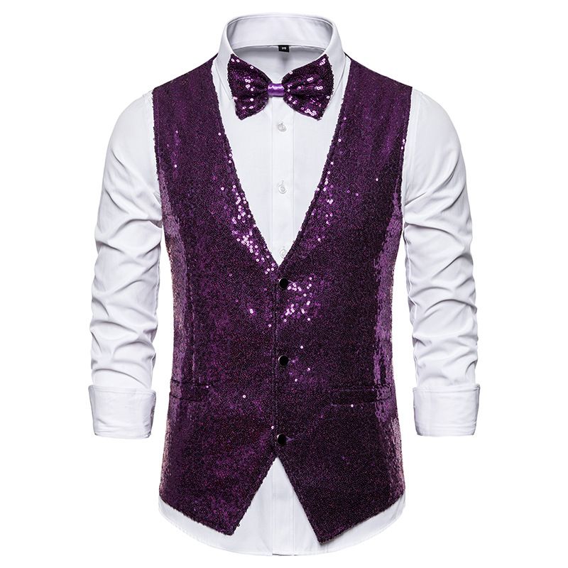 Men's Stage Costumes Small Sequin Suit Vests Purple Waistcoat for Party Disco Club Wedding
