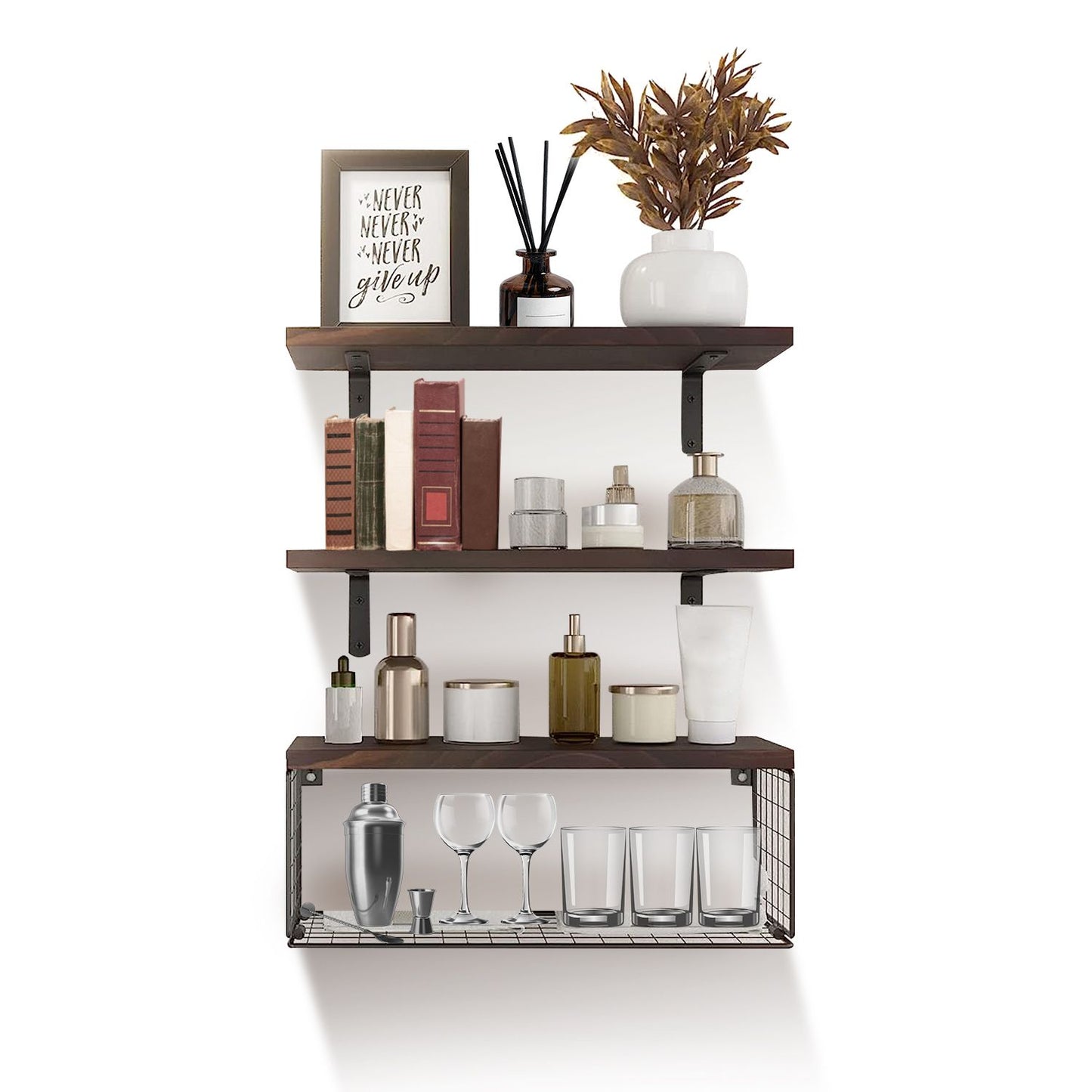 Multifunctional 2 in 1 Floating Shelves with Storage Basket, 66Lbs Capacity Floating Shelves with Storage Basket, Corrosion-Abrasion Resistant Paulownia Wood Shelves, Rustic Decorative Wall Shelves fo