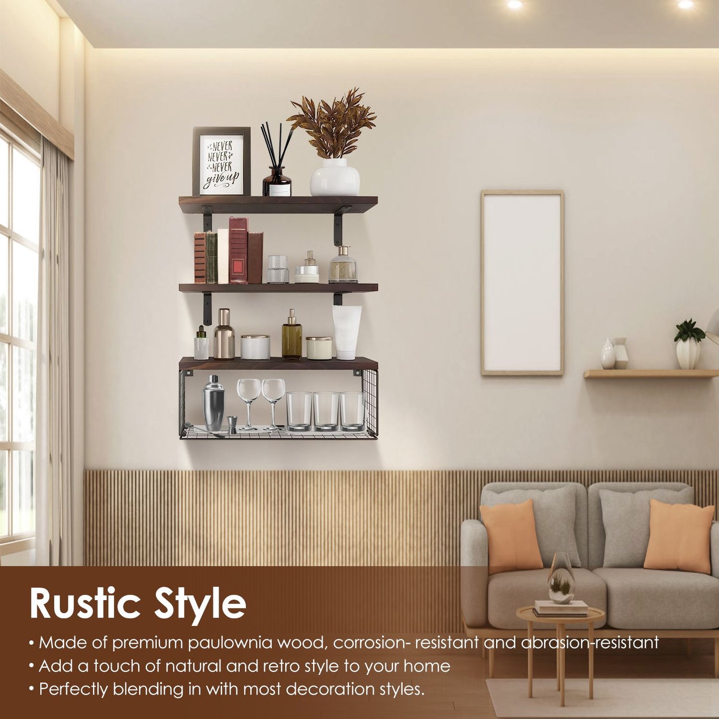 Multifunctional 2 in 1 Floating Shelves with Storage Basket, 66Lbs Capacity Floating Shelves with Storage Basket, Corrosion-Abrasion Resistant Paulownia Wood Shelves, Rustic Decorative Wall Shelves fo