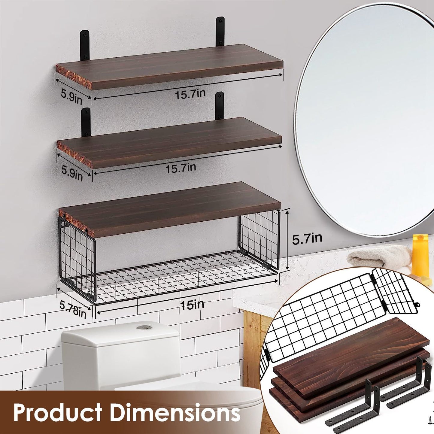 Multifunctional 2 in 1 Floating Shelves with Storage Basket, 66Lbs Capacity Floating Shelves with Storage Basket, Corrosion-Abrasion Resistant Paulownia Wood Shelves, Rustic Decorative Wall Shelves fo