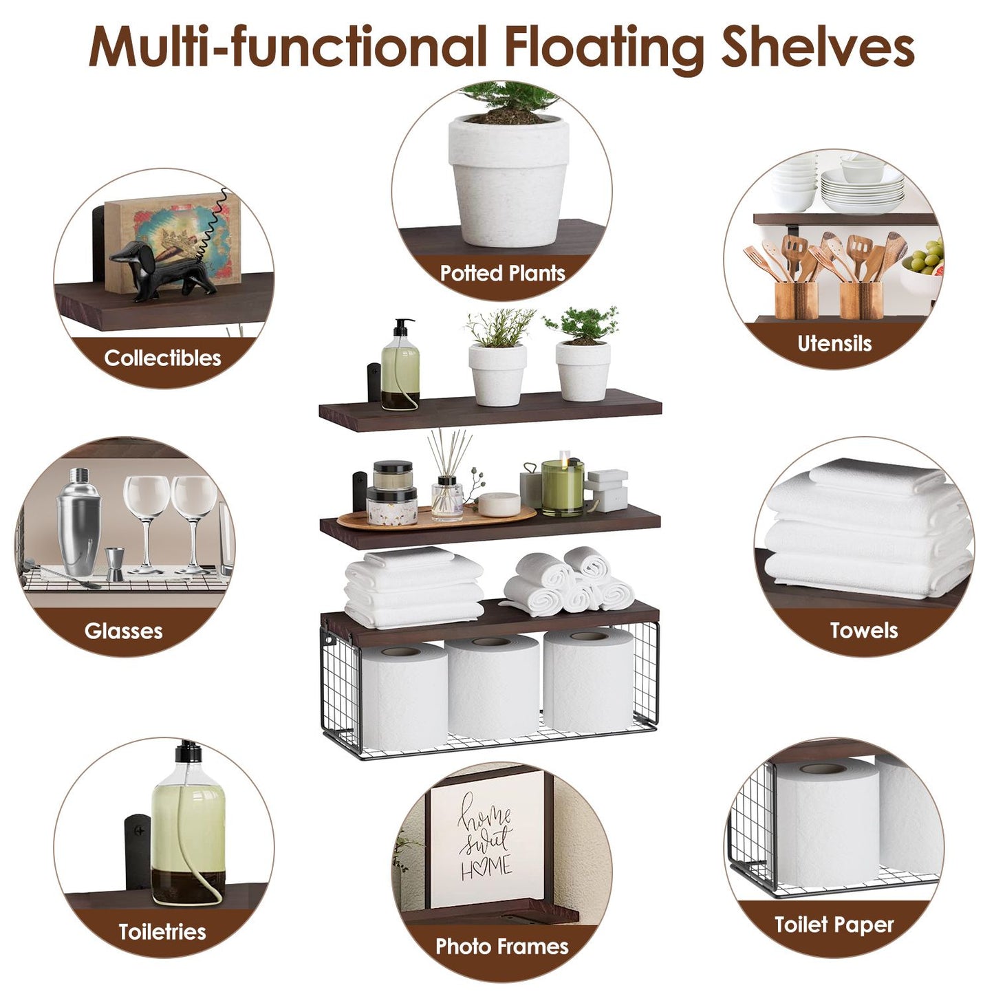 Multifunctional 2 in 1 Floating Shelves with Storage Basket, 66Lbs Capacity Floating Shelves with Storage Basket, Corrosion-Abrasion Resistant Paulownia Wood Shelves, Rustic Decorative Wall Shelves fo