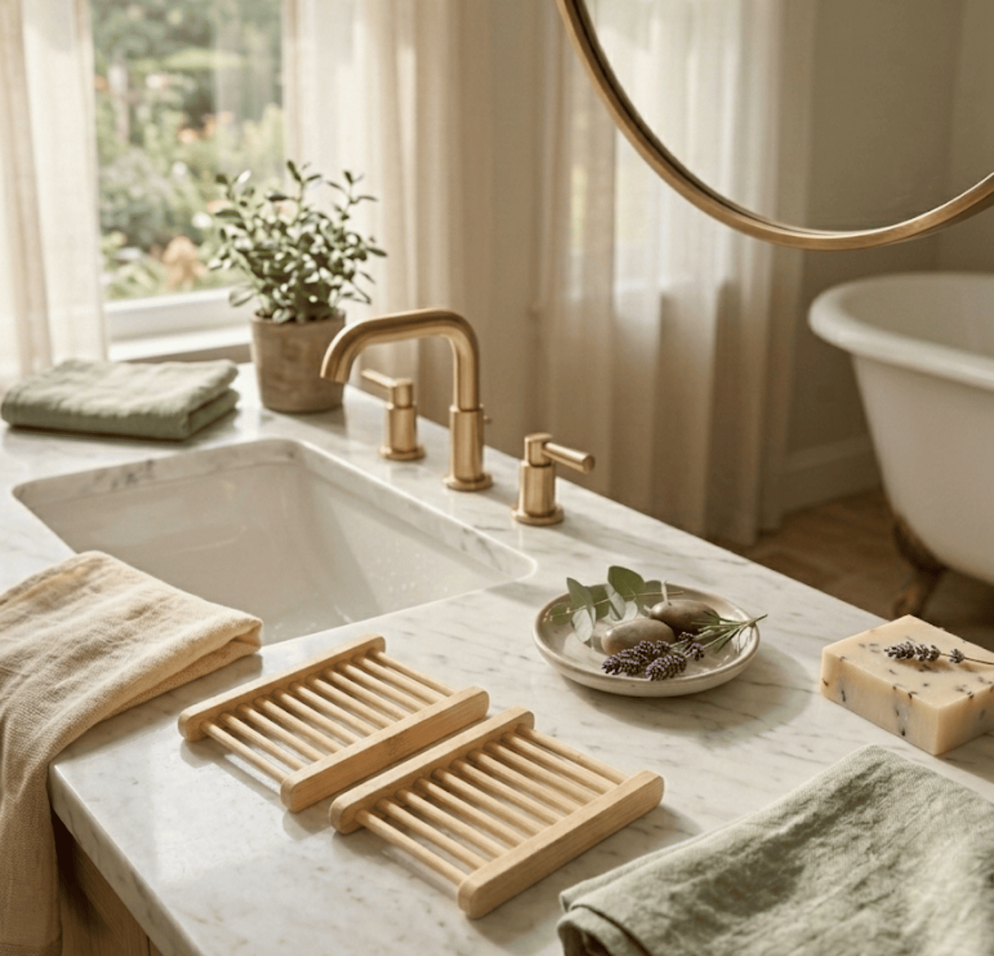 Natural Bamboo Soap Bar Dish - Eco Friendly Wooden Soap Holder Saver Tray for Shower, Bathroom, and Kitchen Counter, Extends Soap Life, Self Draining Slotted Design