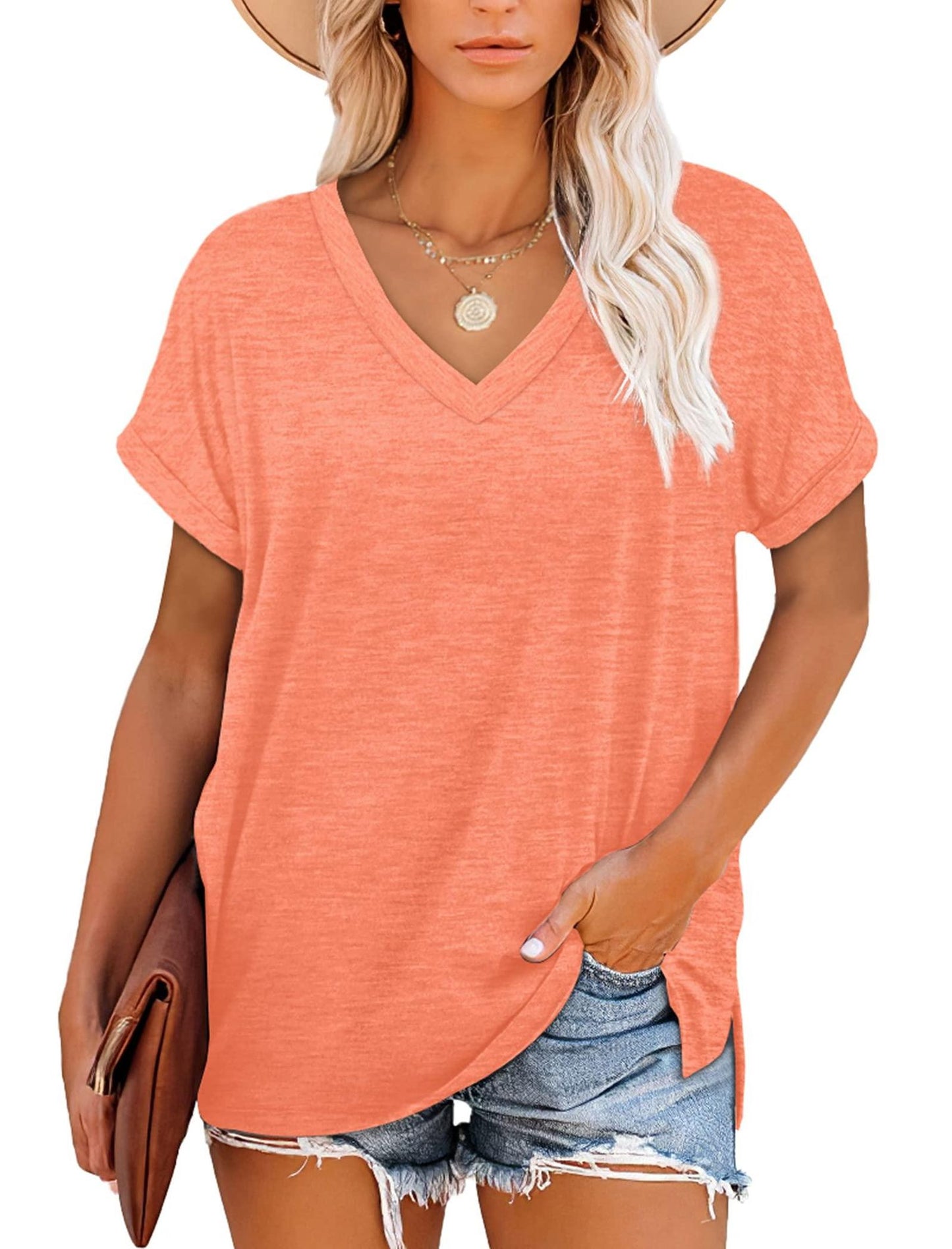 NSQTBA Shirts for Women Summer Casual V-Neck Comfy Tshirts S