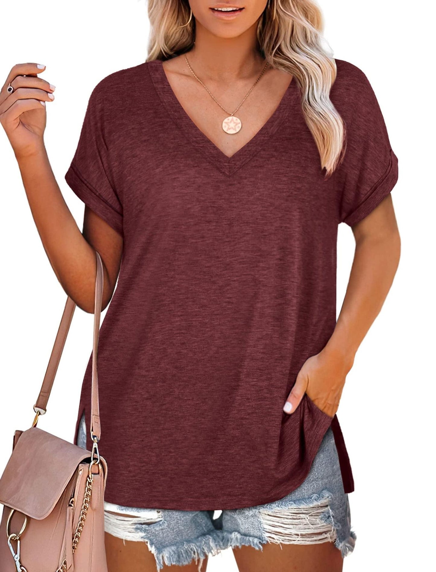 NSQTBA Tshirts for Women Summer Short Sleeve V Neck T Shirts Lightweight XL