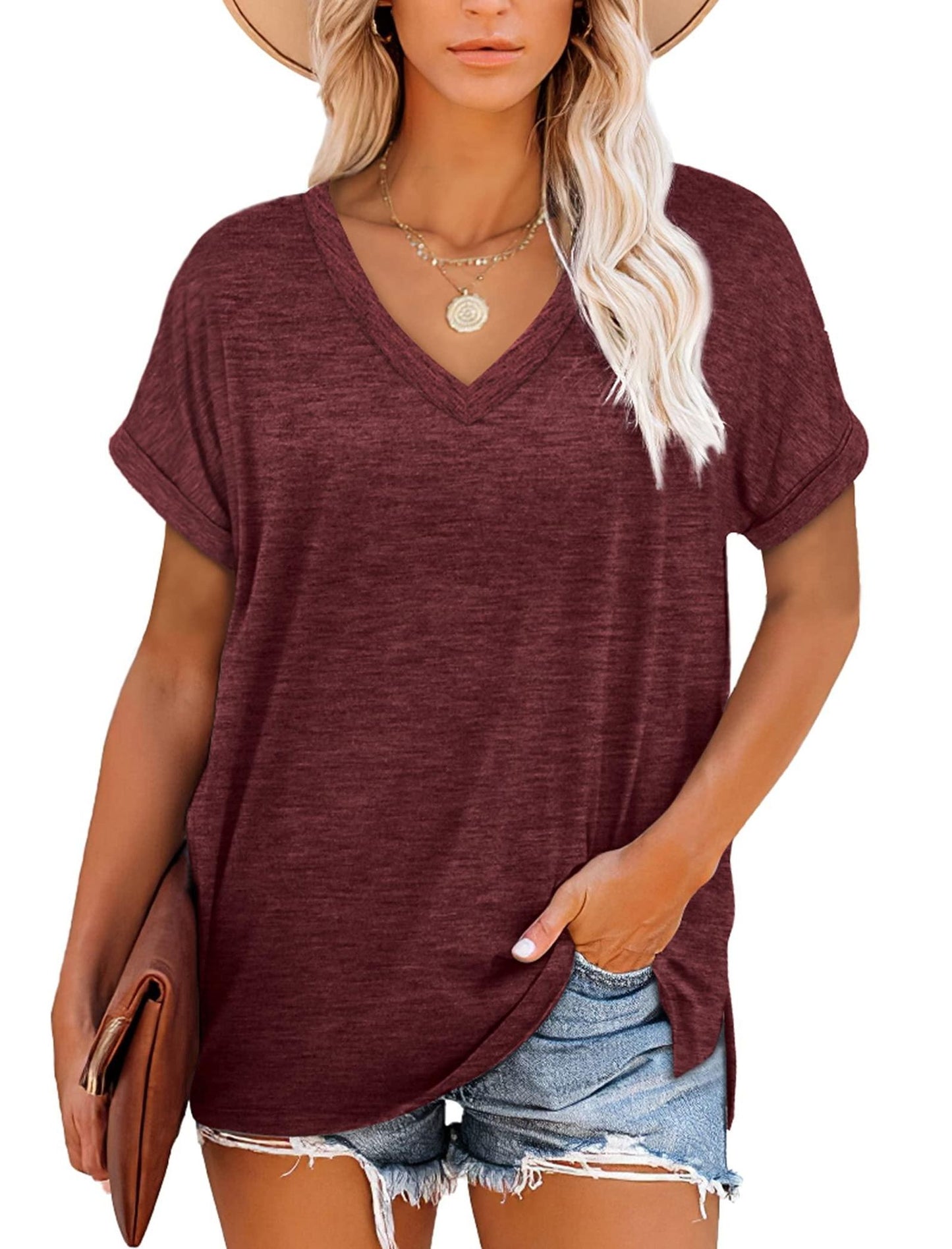NSQTBA Tshirts for Women Summer Short Sleeve V Neck T Shirts Lightweight XL