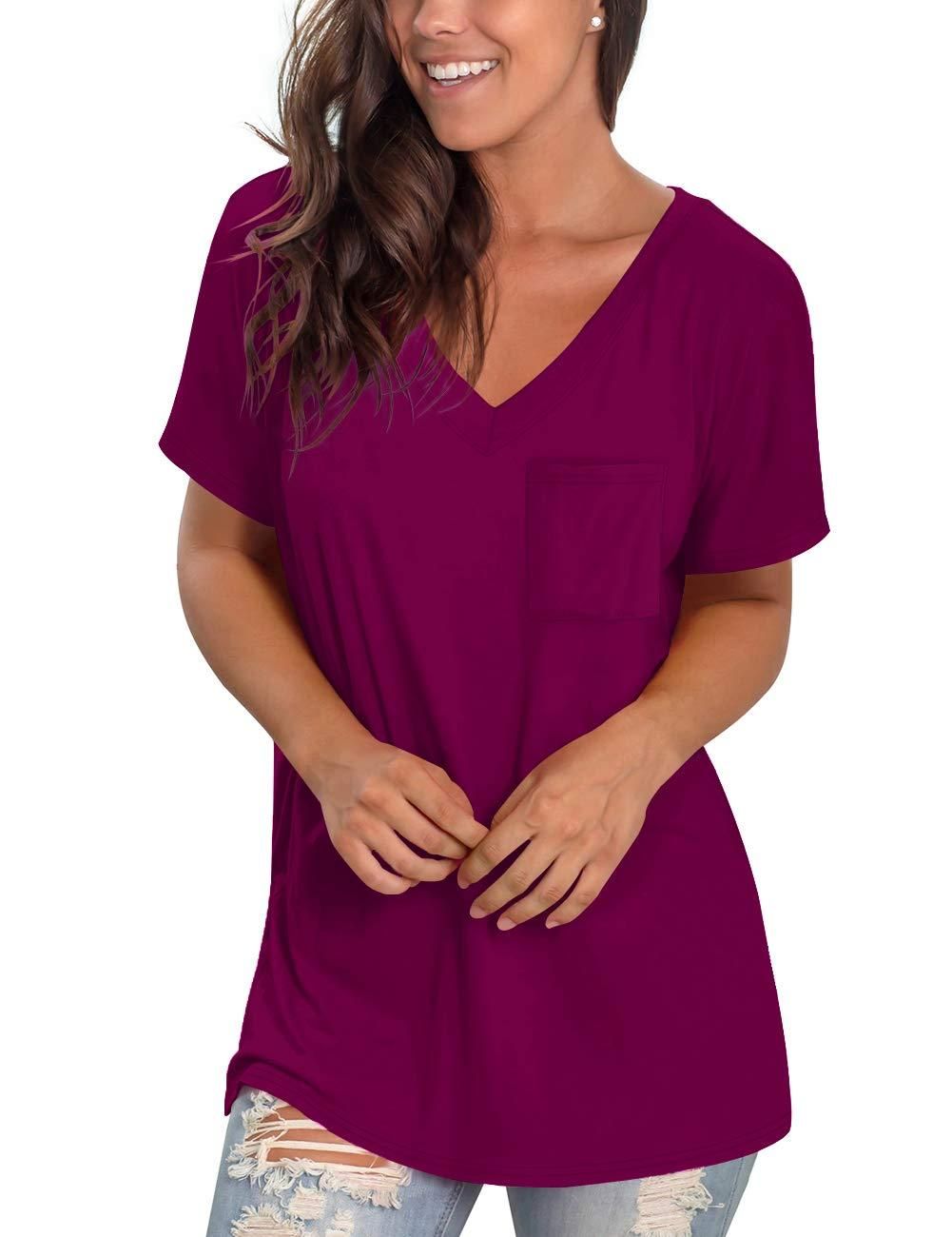 NSQTBA Tshirts for Womens V Neck Casual Summer Tops Short Sleeve Tops Purple L