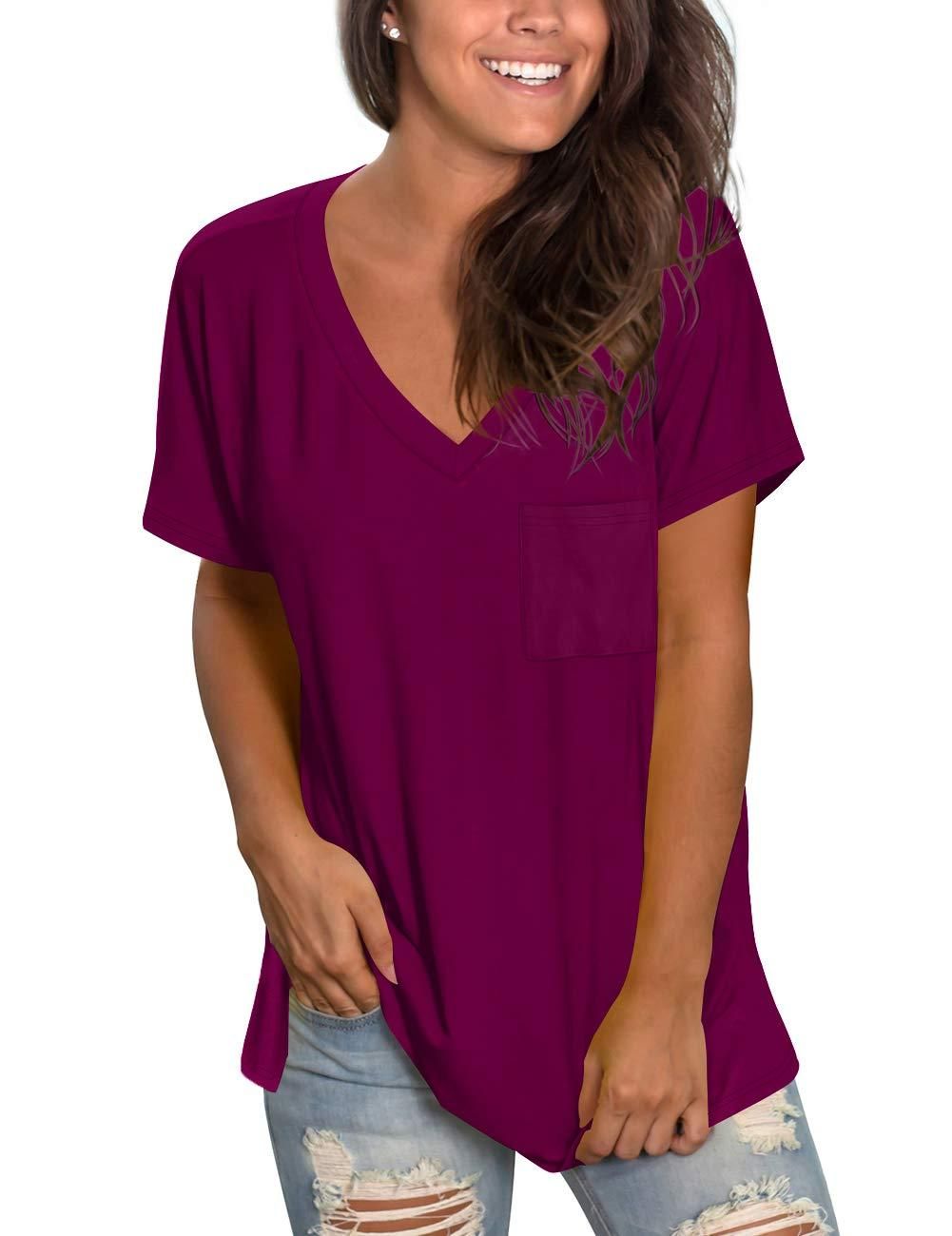 NSQTBA Tshirts for Womens V Neck Casual Summer Tops Short Sleeve Tops Purple L