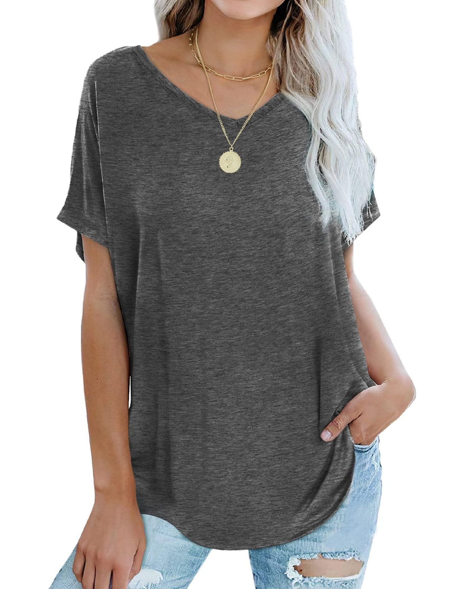 NSQTBA V Neck Shirts for Women Loose Casual Tshirts for Leggings Tops S
