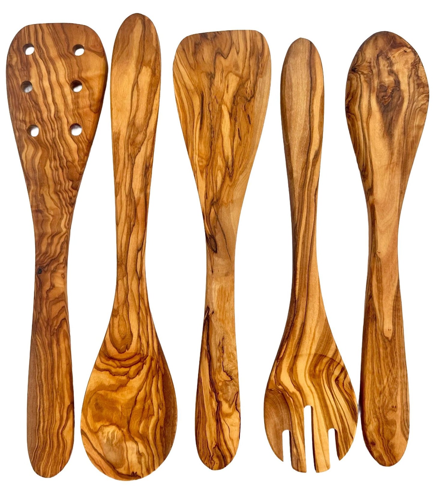 Olive Wood Kitchen Utensil Set - 5 Pcs Hand-Carved Wooden Cooking Spoon and Spatula Set for Nonstick Cookware