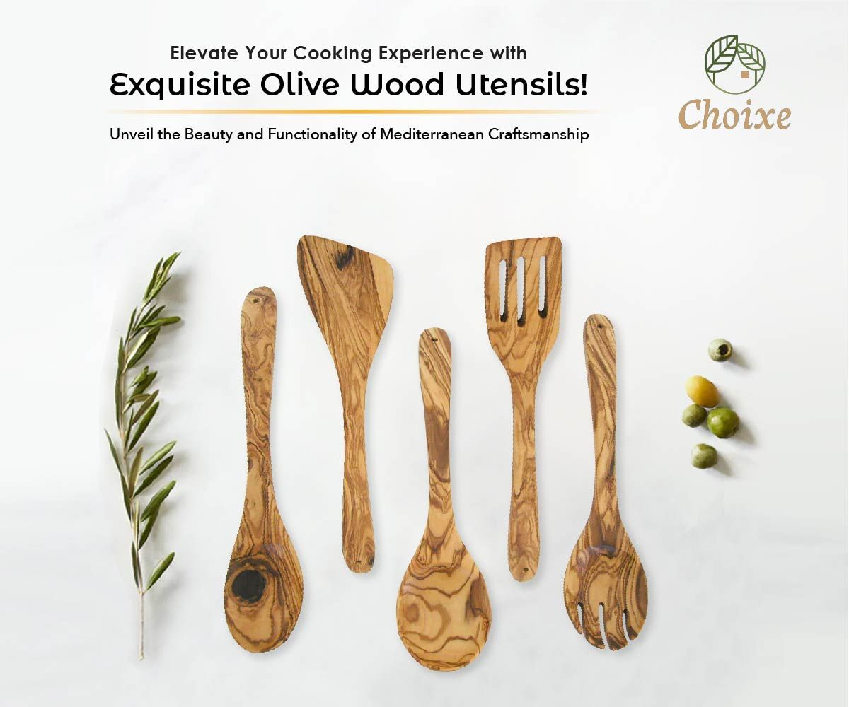 Olive Wood Kitchen Utensil Set - 5 Pcs Hand-Carved Wooden Cooking Spoon and Spatula Set for Nonstick Cookware
