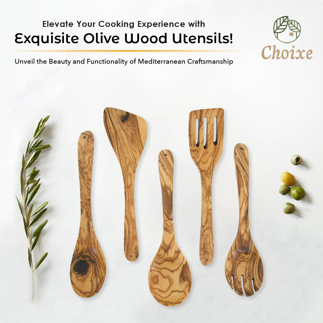 Olive Wood Kitchen Utensil Set - 5 Pcs Hand-Carved Wooden Cooking Spoon and Spatula Set for Nonstick Cookware