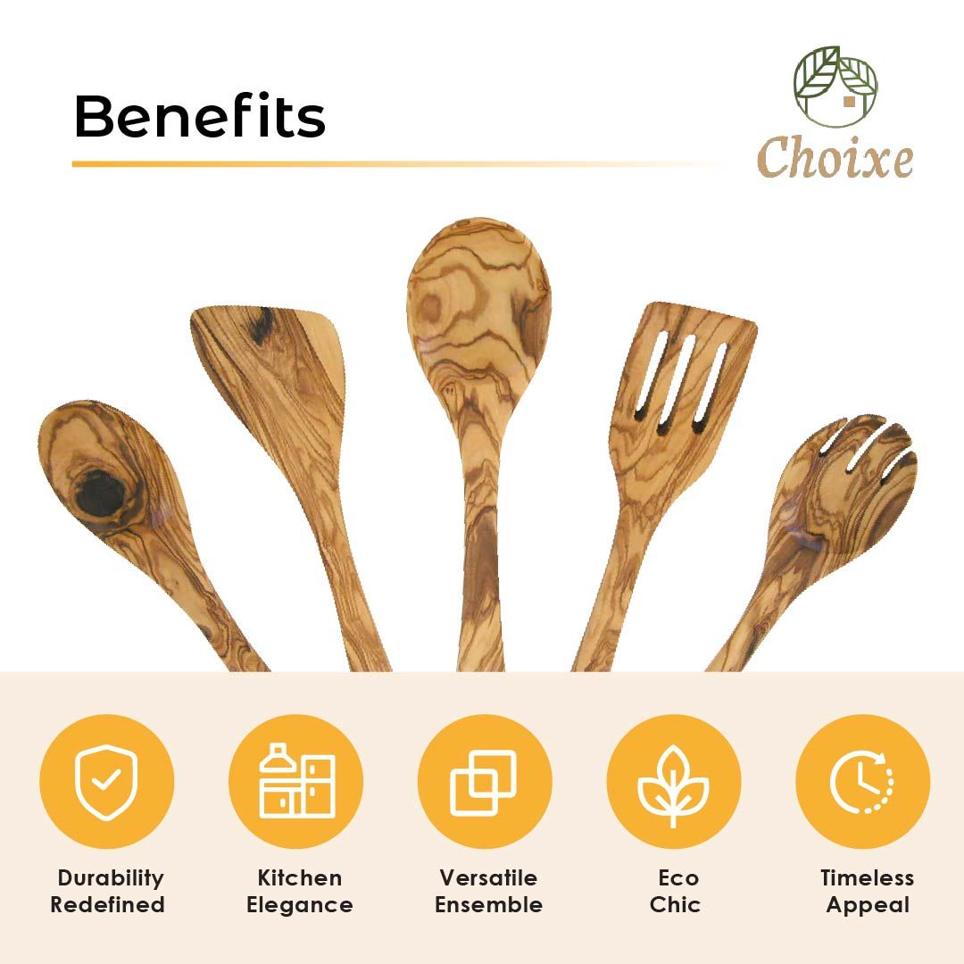 Olive Wood Kitchen Utensil Set - 5 Pcs Hand-Carved Wooden Cooking Spoon and Spatula Set for Nonstick Cookware