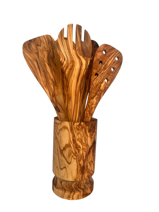 Olive Wood Kitchen Utensil Set with Holder - 6 Piece Hand Carved Wooden Cooking Spoons and Spatula Tools Set for Cooking, Serving, Nonstick Cookware - Unique Housewarming Gift