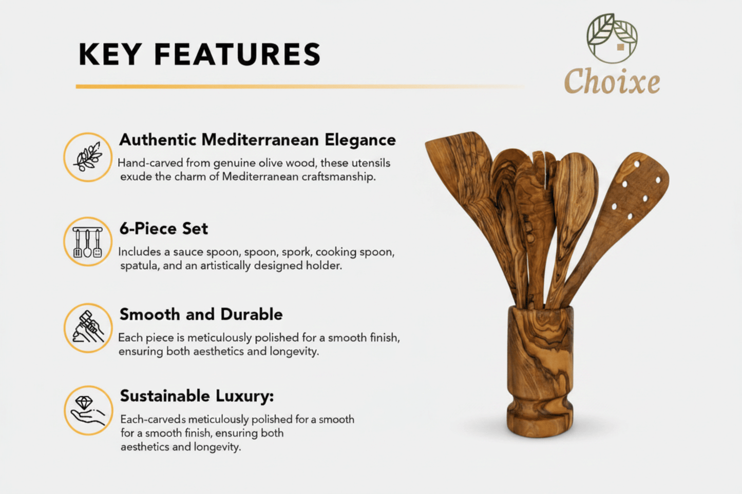 Olive Wood Kitchen Utensil Set with Holder - 6 Piece Hand Carved Wooden Cooking Spoons and Spatula Tools Set for Cooking, Serving, Nonstick Cookware - Unique Housewarming Gift