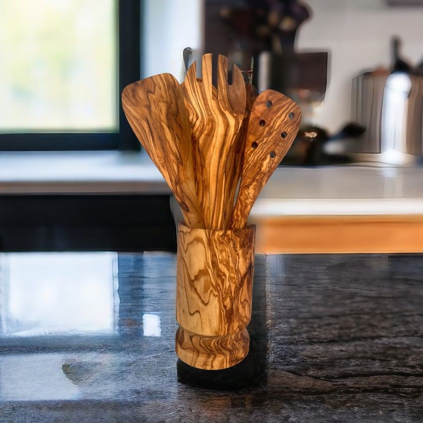 Olive Wood Kitchen Utensil Set with Holder - 6 Piece Hand Carved Wooden Cooking Spoons and Spatula Tools Set for Cooking, Serving, Nonstick Cookware - Unique Housewarming Gift