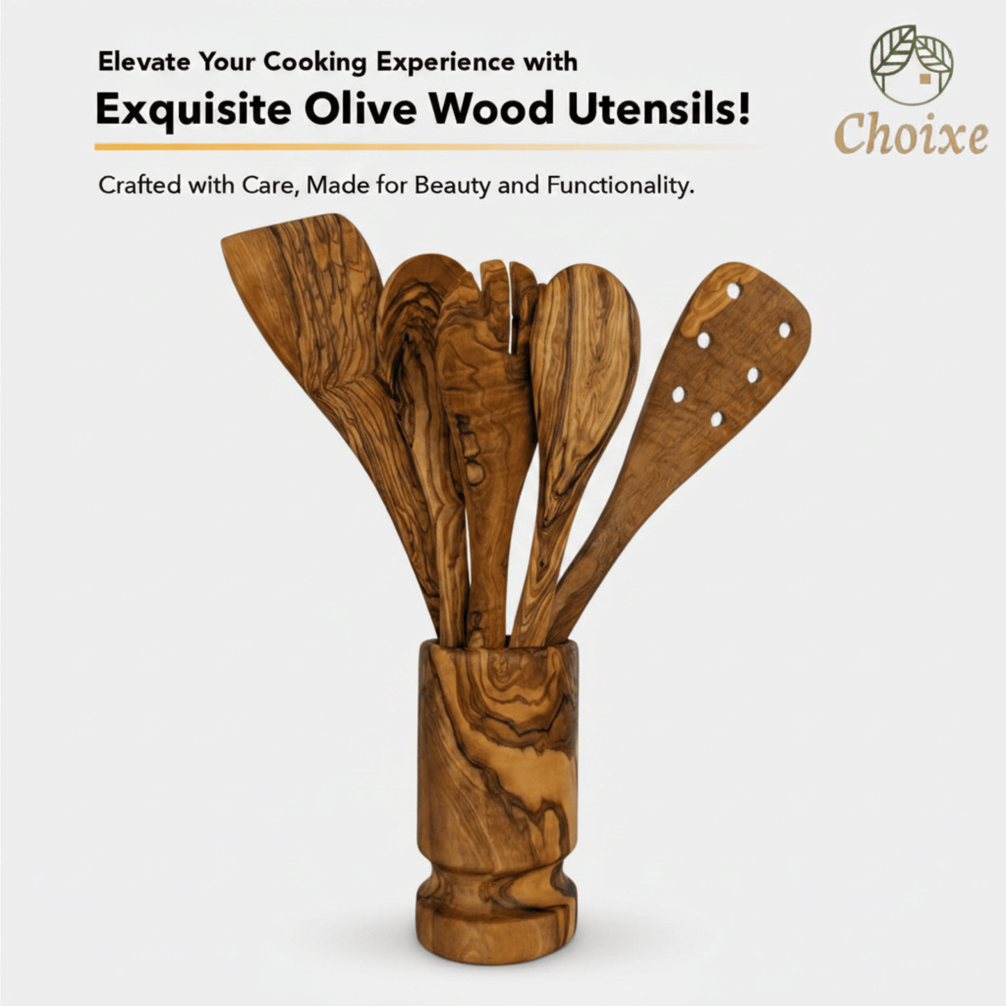 Olive Wood Kitchen Utensil Set with Holder - 6 Piece Hand Carved Wooden Cooking Spoons and Spatula Tools Set for Cooking, Serving, Nonstick Cookware - Unique Housewarming Gift