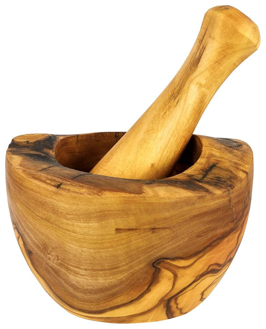 Olive Wood Rustic Mortar and Pestle Set - Handcrafted Wooden Spice Grinder, Herb Crusher and Guacamole Bowl - Authentic Mediterranean Hardwood Kitchenware for Crushing, Grinding and Mixing