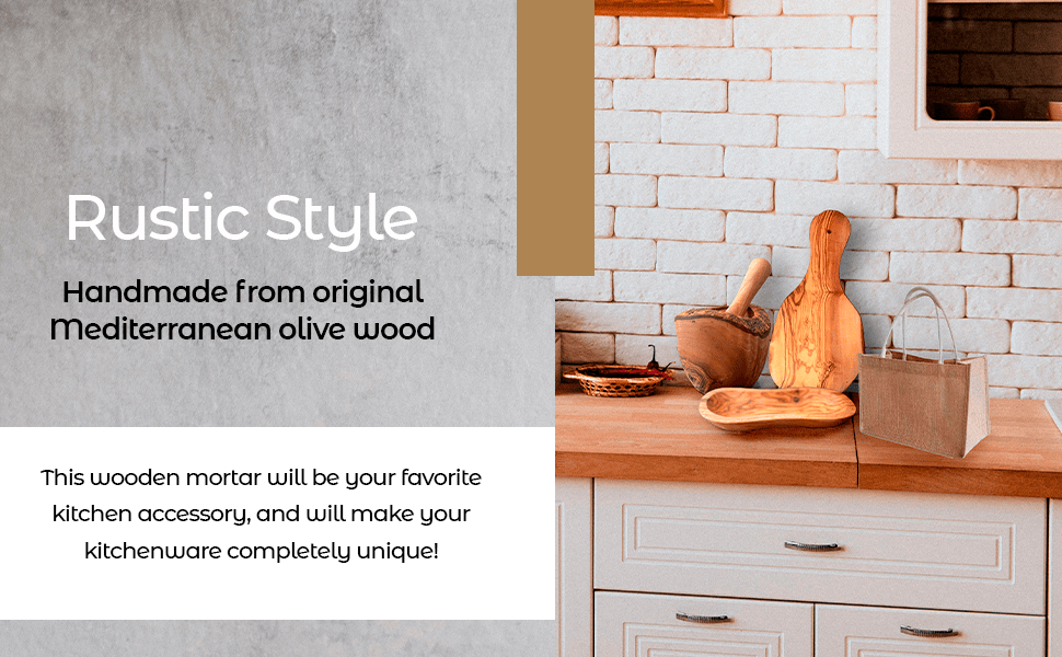 Olive Wood Rustic Mortar and Pestle Set - Handcrafted Wooden Spice Grinder, Herb Crusher and Guacamole Bowl - Authentic Mediterranean Hardwood Kitchenware for Crushing, Grinding and Mixing