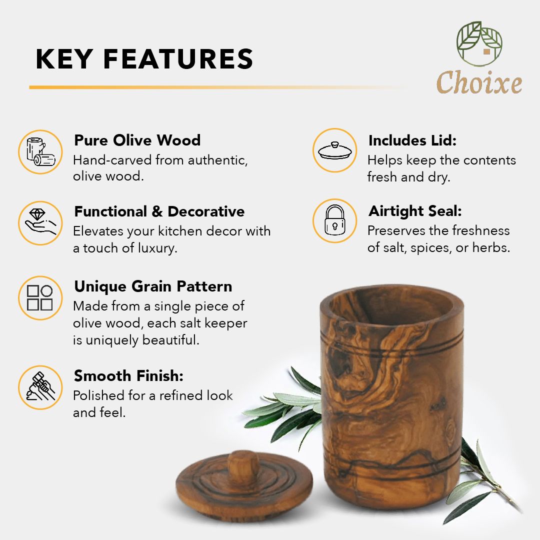 Olive Wood Spice Jar Salt Keeper with Lid - Hand-Carved Airtight Salt Cellar & Decorative Sugar Bowl, Sustainable Kitchen Storage Container