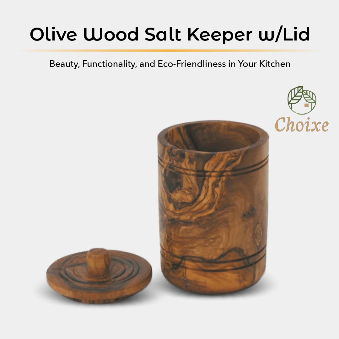 Olive Wood Spice Jar Salt Keeper with Lid - Hand-Carved Airtight Salt Cellar & Decorative Sugar Bowl, Sustainable Kitchen Storage Container