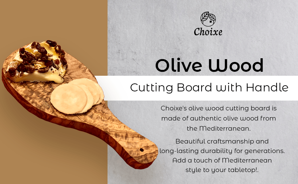 Original Olive Wood Cutting Board with Handle - Handcrafted Mediterranean Wood Charcuterie Board, Cheese Platter & Decorative Serving Tray for Kitchen and Dining, Unique Natural Grain, 11-inch